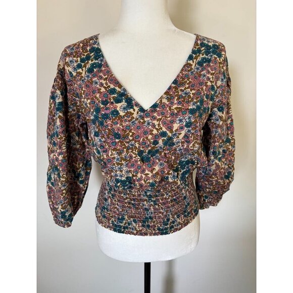 ANTHROPOLOGIE MAEVE Odette Smocked Blouse Size Small Floral 3/4 Sleeve V-Neck - Picture 2 of 10
